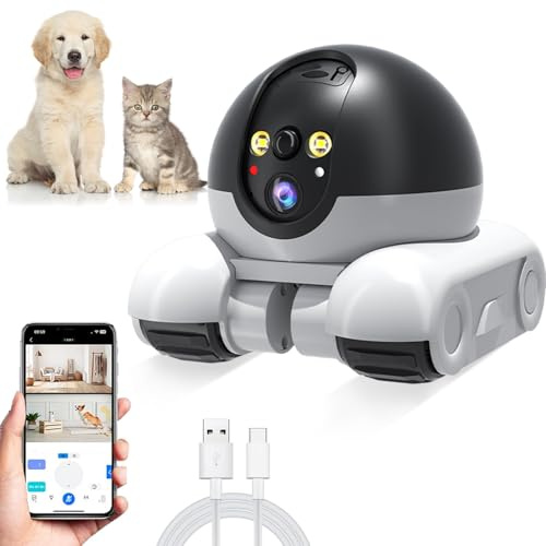 Yanmis Robot de Caméra, Caméra pour Animaux de Compagnie à Double Objectif 1080p, de sécurité Intérieure WiFi, Suivi du Mouvement, Conversation à Deux Voies, Contrôle des