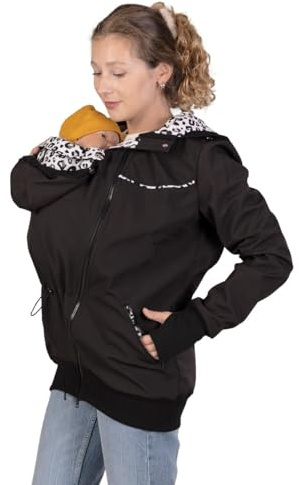 Viva la Mama - 4in1 Allwetter Tragejacke für Vorn- und Rückentragen Umstandsjacke Softshell - AVENTURIS - schwarz/Leo - L