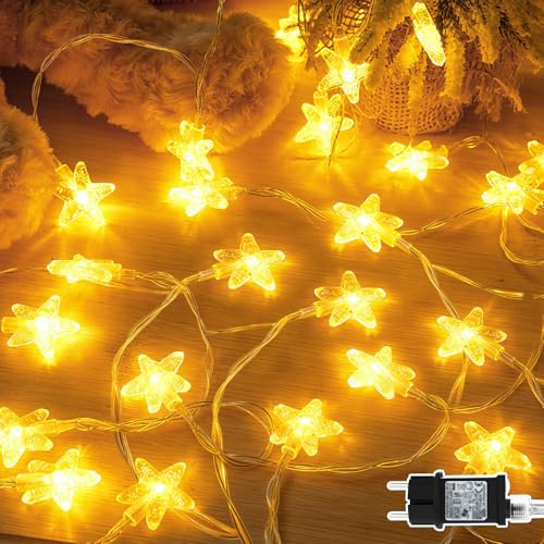Dalugo Lichterkette Sterne, 15M 100 LED Warmweiß Lichterkette mit 6h Timer, Wasserdicht Weihnachten Lichterketten für Hochzeit Party Garten Innen außen Deko