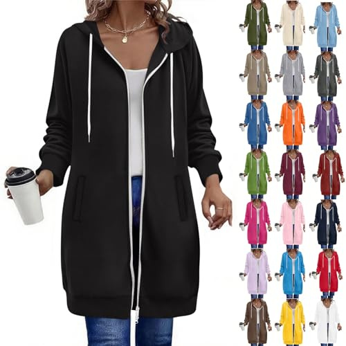 RLEHJN Full-Zip Hoodie Damen Oversized Sweatjacke Einfarbig Zip up Kapuzenpullover mit Taschen und Kordelzug Y2K Mode Lange Sweatjacke Outwear Langen Mantel Jacke Übergangsjacke mit Kapuze