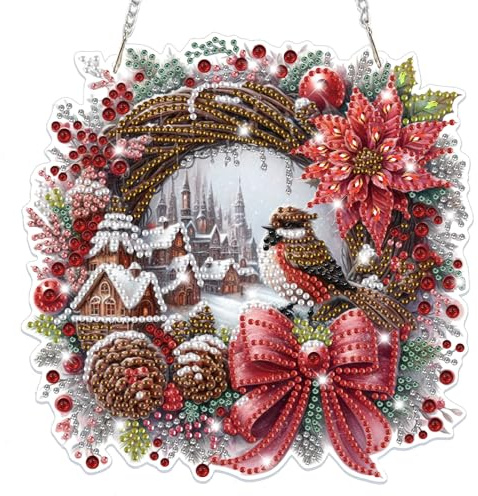 Lxmsja Weihnachten Diamond Painting Anhänger, 5D Winterszene Diamond Painting Fensterbilder Kranz für Erwachsene, Weihnachtsgeschenke Bastelset Kreativ Set Ornament Tür Fenster Wand Decor