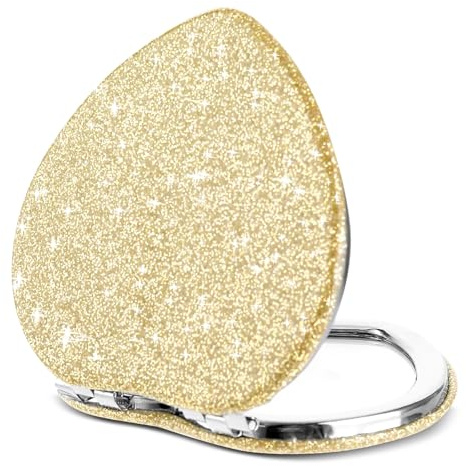 Dimeho Kompakter Klappspiegel in Herzform tragbarer Reise-Make-up-Spiegel Mini-Kosmetikspiegel mit Vergrößerung für Geldbörse doppelseitiger niedlicher Glitzer für Damen Handtasche (Gold-Silber)