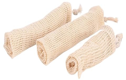 Bolsa de red a cuadros con cordón y boca acanalada de algodón orgánico de color natural for almacenar frutas y verduras en supermercados.(L-25X41cm)