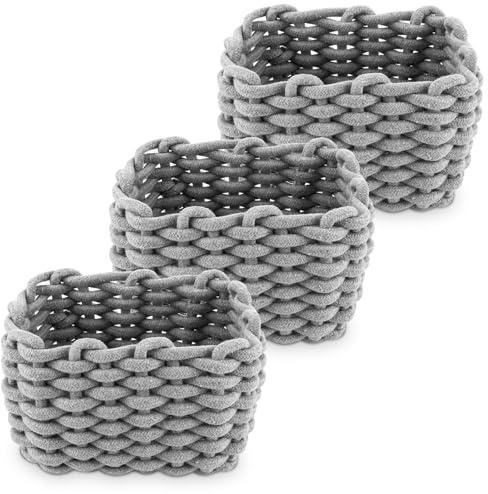 WOPPLXY 3 Stück Körbe Aufbewahrung, 19 x 15 x 12 cm Aufbewahrungskorb Geflochten, Aufbewahrungskorb Grau aus Baumwolle für Bad, Wohnzimmer und Küche