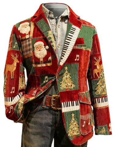 Blazer de Noël en velours côtelé pour homme Style décontracté Imprimé sapin de Noël Père Noël Vestes de costume à revers cranté