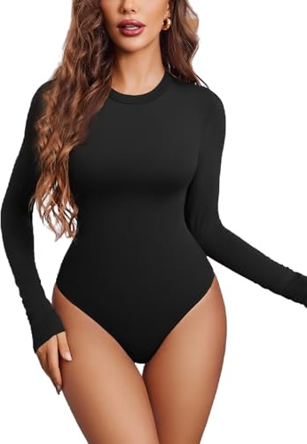 Avidlove Damen Body Elegant Langarm Rundhals Bodies Basic Bodysuit Oberteil Tops Stretchy Langarmshirt Slim Fit Basic Outfit Mode Going Out Top Schwarz S