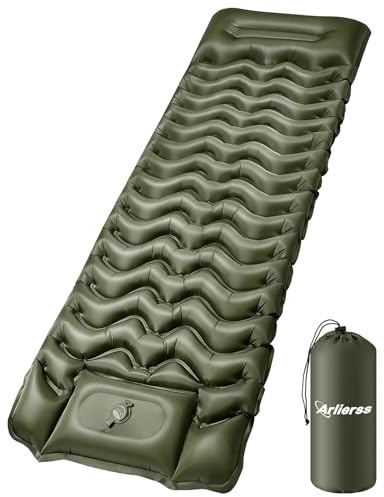 Arlierss Isomatte, Ultraleichte Aufblasbare Luftmatratze, Camping Matratze mit Fußpresse Pumpe, Anti-Ripstop Tragbar Schlafmatte Outdoor mit Kissen für Wandern, Reise, Strand-Armeegrün