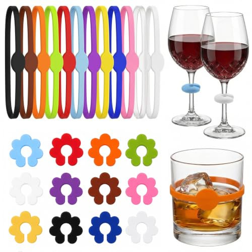 WovaOrx 24 Stück Glasmarkierer Silikon (2 Formen),Wiederverwendbare Farbige Glas Markierung Trinkgläser Hitzefest zur Glas-Kennzeichnung für Party, Bar, Hochzeit