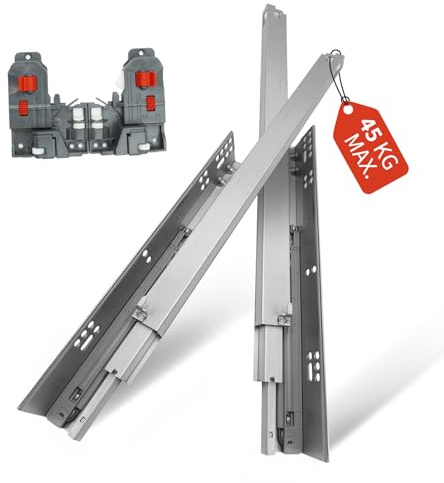 1 Paar Unterflurführungen Schubladenauszüge Belastbar bis 45 Kg, 400mm | Schubladenschienen Dämpfung Vollauszug Soft-Close Schienensystem Schwerlastauszug