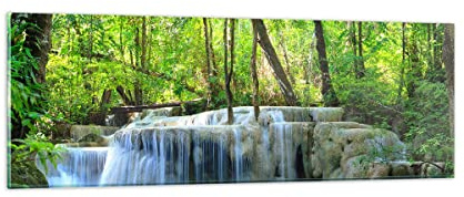 Moderne Impression sur Verre Cascade Forêt environnement Image Tableau en Verre Decoration Murale 90x30cm Deco Cadre Salon Chambre Panoramique Petit Tableaux Decoratifs Muraux Art GAB90x30-2664