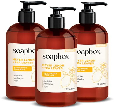 Soapbox Liquid Hand Soap, Meyer Lemon & Tea Leaves - Gentle, Moisturizing Hand Cleanser, Vegan, Cruelty Free Hand Soap for Bathroom and Kitchen, 12oz Pump Bottles (Pack of 3)
