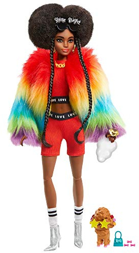 Barbie GVR04 extra docka, mysig regnbågsrock med pudel, brunette afro-puffar och flätade pigtails, lagerkläder, rörliga leder, present för åldrarna 3 och uppåt