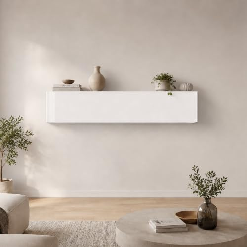 Dmora - Mobile pensile Luca, Armadio multiuso, Mobiletto a muro, 100% Made in Italy, cm 180x30h40, Bianco lucido