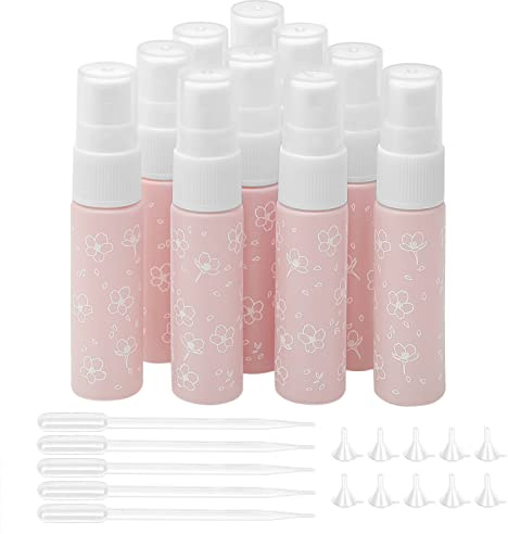 Ellbest 10pcs 10ml Refillable Glass Spray Bottles Flower Printed Spray Sample Vials with 10 Funnels and 5 Droppers, Pink
