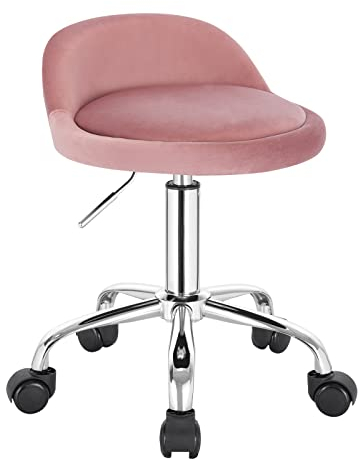 WOLTU Hocker Schminktisch, Bürohocker mit Rollen, Schminktisch Stuhl höhenverstellbar, Drehstuhl für Ankleidezimmer, Schlafzimmer, Samt, Rosa