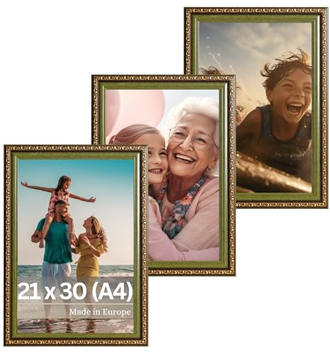 Victor set de 3 cadres photo Chagall vert brun en 21x30 cm (A4) – style baroque vintage – verre véritable – convient pour certificats – décoration pour la maison
