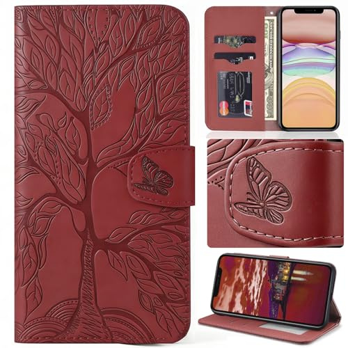 Aisenth Handyhülle für Redmi 9A/Redmi 9AT, Baum Muster PU Leder Handytasche Brieftasche Klapphülle Etui Wallet Flip Case Schutz Hülle mit TPU innen Schale, Aufstellfunktion -Rot