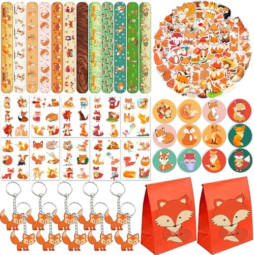 YYMYMGJ Fuchs-Partygeschenke, 110 Stück Fuchs-Thema, Slap-Armbänder, Aufkleber, Schlüsselanhänger, Abzeichen, temporäre Tattoos, Geschenktüten für Kinder, Waldtiere, Fuchs-Geburtstagsparty