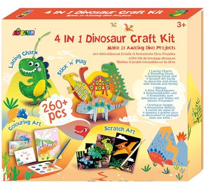 Avenir 6301773 Kreativset Dinosaurier, 4in1 Bastelset mit 13 DIY Projekten, Basteln, Nähen, Wasserfarben, Kratzbilder, für Kinder ab 3 Jahren