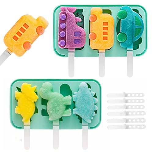 Ice Lolly Moulds Silicone Ice Cream Mold Set of 14 Reusable Cartoon Ice Cream Mold with Lid Homemade Ice Cream Box Dinosaur and Vehicle Mold with 12 Sticks