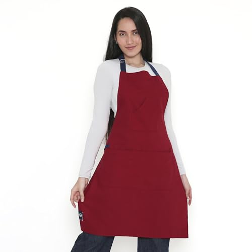 Encasa XO Kochschürze aus Baumwolle für Damen und Herren, Küchenschürze mit verstellbarem Nackenband, Tasche und Handtuchhalter, Kochen, Backen, Grillen, Rot, 68x85 cm