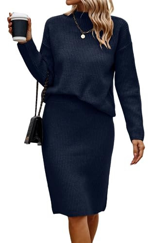 shownicer Damen Strickkleid Zweiteiliger Anzug Pullover Oberteil und Midi Strickrock Bodycon 2 Stück Set Maxikleid Rollkragen Pulloverkleid Winter Strick Kleid C Marine L