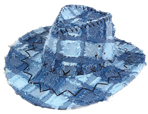Retro Western Cowboyhut Atmungsaktiv Western Cowboyhut Breite Krempe für Sonnenblende Hut Gitter Cowboyhut Sonnenschutz für den Sommer, blau, 4-5
