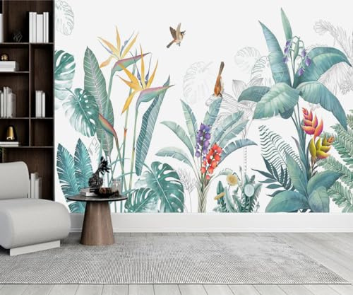 Kalodity 3D Papier Peint Panoramique Jungle Soie Vert Plante Tropicale Nature, 356 X 250 cm Murales Panoramique Oiseaux Fleur pour Salon, Adulte Chambre d'enfants, Restaurant Décoration