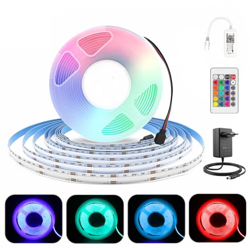 24V WiFi COB RGB LED Streifen 5m,COB Strip Dimmbar mit Fernbedienung und Netzteil, RGB Band Lichtleiste, 576LEDs/M, APP Steuerbar, Kompatibel mit Alexa Google Home