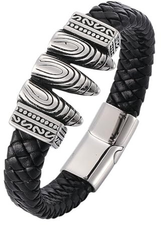 Beydodo Herren Armbänder Gravur, Leder Armband 12MM Geometrie mit Gestreift Magnetverschluss Partnerarmband Schwarz Leder 16.5CM