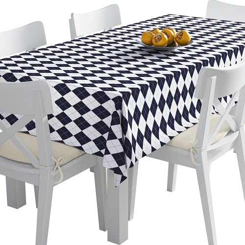 HEKO PANELS Tischdecke 140 x 110 cm Abwaschbar Tischtuch Gartentischdecke Fleckschutz Wasserabweisend Tafeldecke Geometrisches Muster Argyle Weiß Dunkelblau