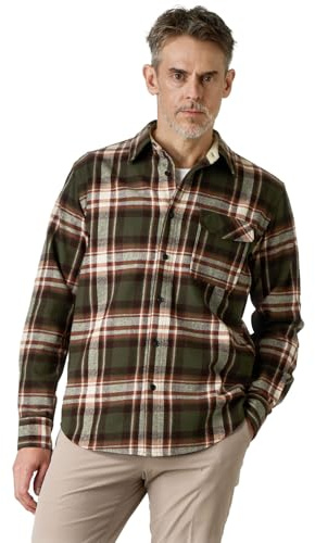 LAPASA Camicia da Uomo a Maniche Lunghe in Flanella a Quadri, 100% Cotone Regular Fit, Morbida e Calda M138 (Verde Scuro & Rosso,S)