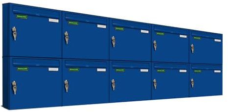 AL Briefkastensysteme Basic 10er Briefkasten RAL 5010 Enzian Blau 10 Fächer DIN A4 wetterfest Briefkastenanlage mit Posthaltebügel und 2 Namensschildern