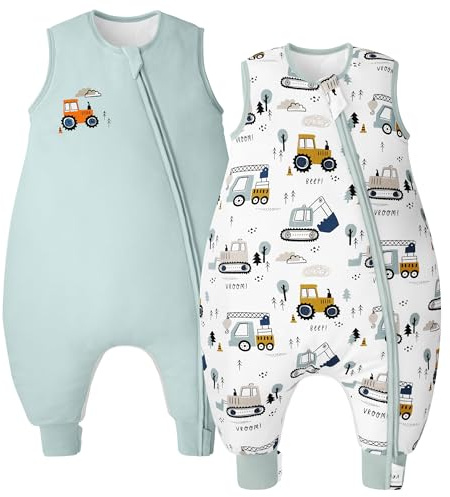 Unnivoll Baby Schlafsack mit Füßen 1,5 Tog 2er Pack Schlafsack Baby Baumwolle Ganzjahre Schlafsack mit Beinen Babyschlafsack Weich 70 cm für Jungen Mädchen Bagger