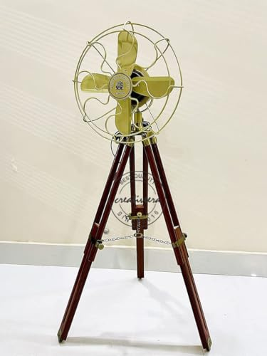 CREATIVEERA Antique Floor Fan/Vintage Royal Navy Fan With Two Fold Brown Wooden Tripod Stand for Home, Office decoration