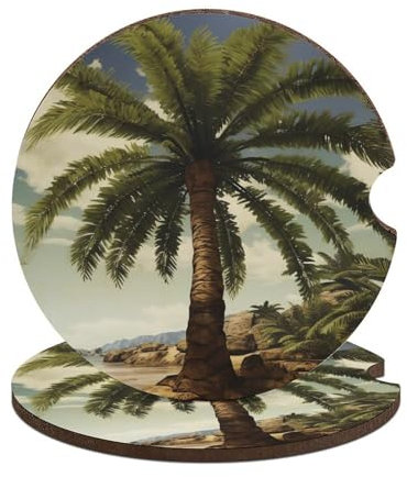 2 posavasos para automóvil, antideslizantes, absorbentes, con palmera tropical, accesorios universales para portavasos de coche con base de corcho de 2.6 pulgadas