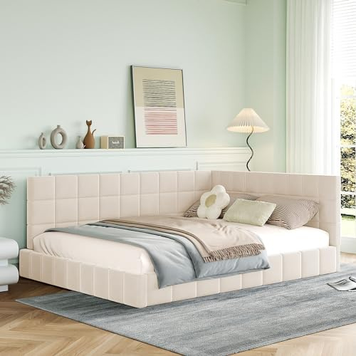 Goeria Polsterbett Schlafsofa 140×200cm,Samtstoff, Multifunktionsbett mit Lattenrost aus hautsympathischem (Beige)