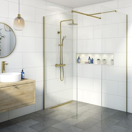 BAYSTONE® 800 & 900mm Wet Room Shower Screen Panels 8mm Toughened Safety Easy Clean Glass Walk in Shower Enclosure, Frameless Panel, Brushed Brass