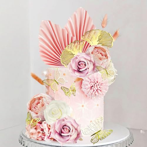 Roaring Good Time Boho Kuchen Topper Blume Kuchen Dekorationen Weiß Rosa Kuchen Dekorationen Palmblätter Schmetterling für Hochzeit BabyDusche Geburtstag Party Supplies