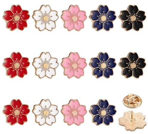 FINGERINSPIRE 15 broches de insignia de flores de cerezo de 5 colores, 16 x 16 mm, pin de solapa de flor de cerezo, pines de aleación con tapa de aguja para decoración de ropa, Acero aleado