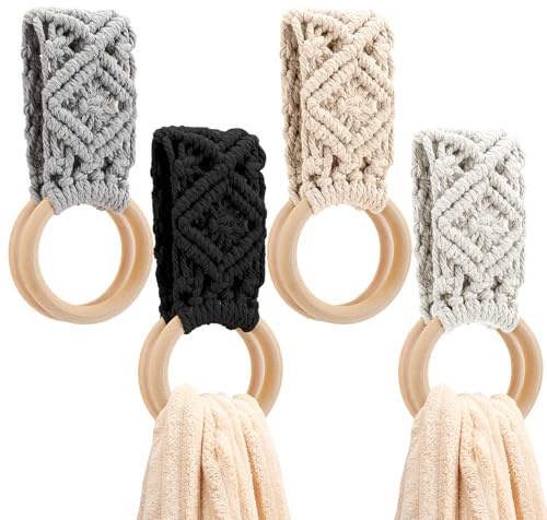 Tioncy 4 Pcs Kitchen Dish Towel Holder Gifts for Mother Boho Handmade Crochet Hanging Towels Loop Ring Knit Towel Hanger for Cabinet House Oven Stove Door, 4 Colors(Gray)