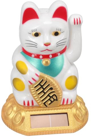CYSFETENA Winke Katze Solar, Glückskatze Solar Winkende Katze, Solarbetriebene Maneki Neko Figur mit Winken Arm, Niedliche Deko Katze für Zuhause Auto Glück Wohlstand (Weiß)