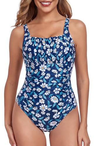 FLYILY Dam rynkad baddräkt i ett stycke magkontroll baddräkt bantning monokini 1 st badkläder, Navyflower, XXL
