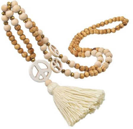 DEARMAMY Halskette Mit Quaste Und Holzperlen Friedenszeichen Anhänger Für Damen Boho Stil Ideal Layering Kette Perfekte Geschenkidee Für Frauen Zarte üßwasserperlen Und Charmante
