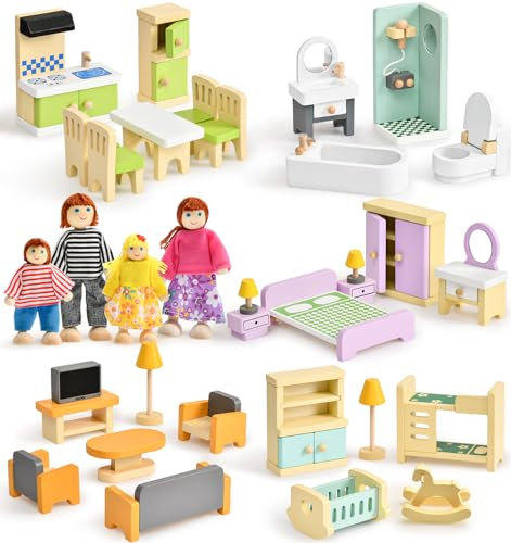 Atoylink Kit de Meubles de Maison de Poupée en Bois, Accessoires Colorés pour Maison de Poupée avec 4 Poupées, Jouets Éducatifs et Jeux de Simulation pour Garçons, Filles Tout-Petits 3 Ans +