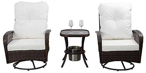 AZRBOPO 3 PCS Garden Furniture Set, 360° Swivel Outdoor Wicker Conversation Bistro Set with Soft Cushion, Glass Table with Ice Bucket, Swivel Upholstered Lounge Chair Set