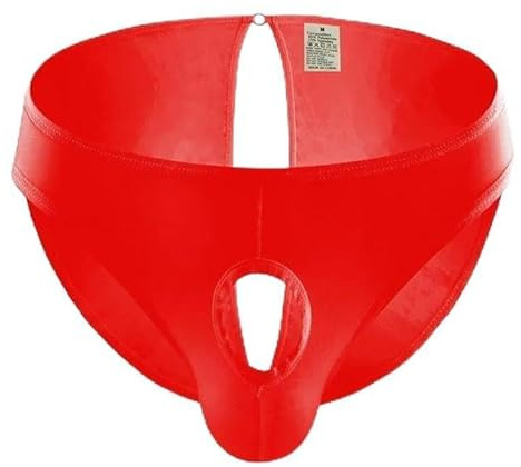 MEGAHERZ Ouverture Frontale Slip Bikini Gay sous-vêtements Ouverts Jockstrap Hommes Glace Soie Respirante (Rouge,S)