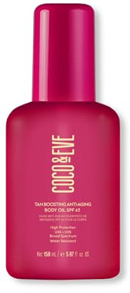 Coco & Eve Tan Boosting Anti-Aging Body Oil SPF45 - Tanning Accelerator Pump, UVA UVB Sun Protection | Moisturizing Outdoor Bronzing Enhancer with Natural Ingredients, Antioxidants (5.07 Fl Oz)