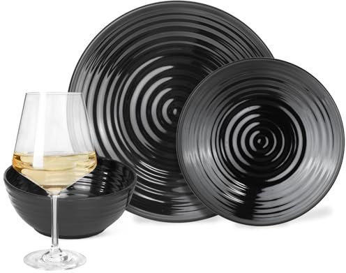 Vaisselle de camping en mélamine pour 4 personnes Noir foncé + 4 verres à vin Milano Blanc Vaisselle de table pique-nique BBQ Batterie de cuisine