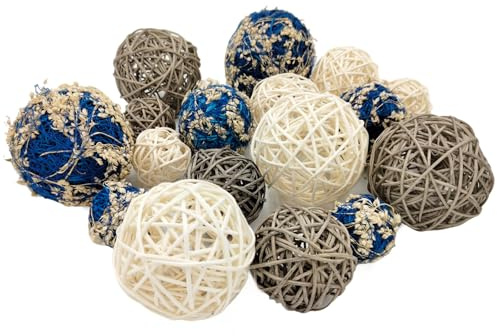 Pemalin Decorative Balls for Centerpiece Bowls, 18pcs Wicker Rattan Balls Set Vase Bowl Filler for Home Garden Wedding Party Table Decor (White, Grey, Blue), 3 Sizes